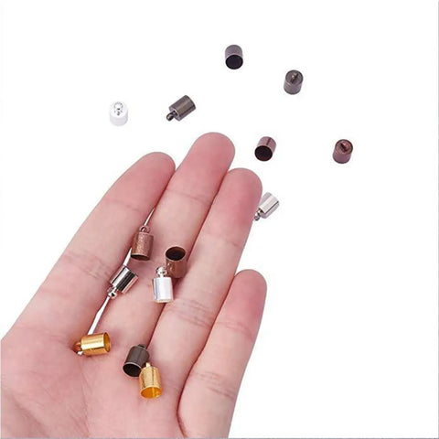 Awesome Healifty 300Pcs 4Mm Plastic Cord End Caps For Satin Cord And Lace. Super Sturdy Jewelry Findings To Make Killer Bracelets Earrings And Tassels. The Ultimate DIY Jewelry Accessory Kit With Glue-In Tips That Look Totally Pro And Ready To Fly Off. assorted 4mm plastic glue-in cord end caps in hand