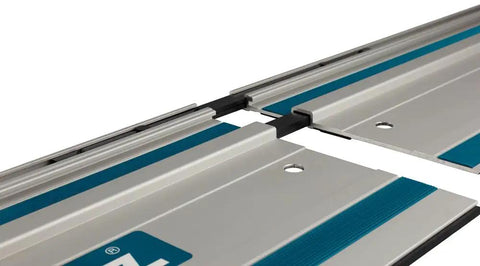 Kickass Heavy Duty Guide Rail Connector For Precise Track Saw Cuts, close-up of steel clip joining track rails.