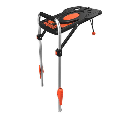 AirDeck Ladder Workstation Accessory With Handrail And Tool Tray Plastic Build Keeps Your Gear Handy At The Top Of The Ladder Fits Most Ladders 25 Lb Load Rating, metal legs, black plastic tray with red accents