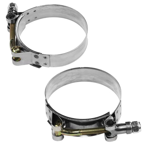Two stainless steel 1-inch T-bolt hose clamps with bolts for 32–37mm (1" ID) turbo intake hoses