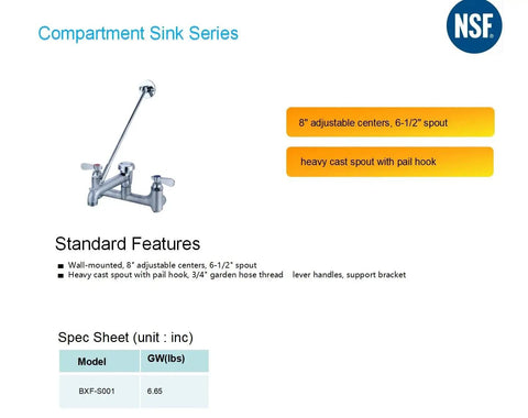 NSF Wall-Mounted Mop Sink Faucet, 8" Adjustable Centers, 6-1/2" Spout, Heavy Cast Spout with Pail Hook, BXF-S001 shown in detailed view.