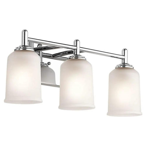 Three Light Vanity Light Fixture With Satin Etched Glass Shades In Olde Bronze, wall mount for bathroom, 21 inch classic fixture.