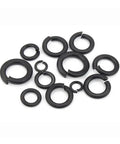 Various sizes of black stainless steel spring lock washers split lock washers M1.6 through M20 pack of 2 to 50 pieces on white background.