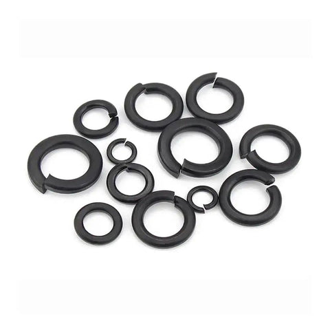 Various sizes of black stainless steel spring lock washers split lock washers M1.6 through M20 pack of 2 to 50 pieces on white background.