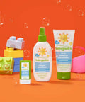 Image showing Babyganics SPF 50 mineral sunscreen products with toys and bubbles, featuring packaging and playful backdrop.