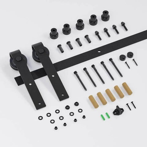 Components of 5 Foot Sliding Barn Door Hardware Kit For 26 To 30 Inch Wide Single Door Matte Black Track System With J Shape Rollers