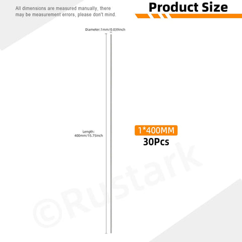 Diagram showing size of Stainless Steel Spring Wire Kit 30 Pcs 1mm 0.039in Straight Full Hard Wire, 400mm length.