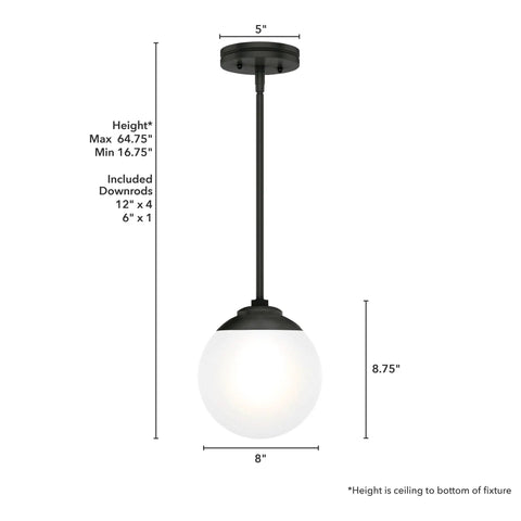 Dimensions of Hepburn 1-Light Modern Brass Pendant Light With Globe Shaped White Glass Shade, showing height and diameter.