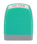 Sweet Acting On Time Self Inking Stamp For Quick Daily Office Grinds Featuring Refillable Red Ink and No Mess Clean Setup. Green stamp, front view.