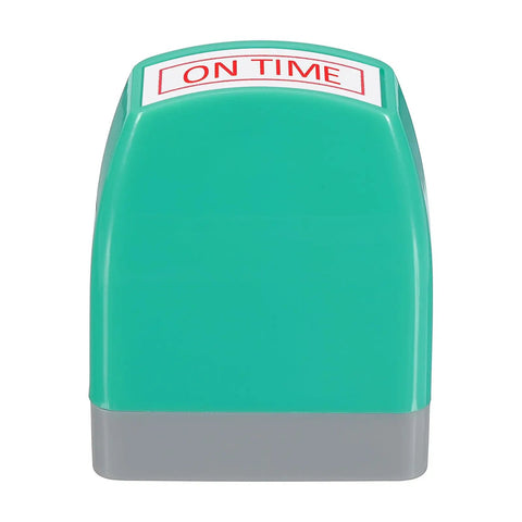 Sweet Acting On Time Self Inking Stamp For Quick Daily Office Grinds Featuring Refillable Red Ink and No Mess Clean Setup. Green stamp, front view.