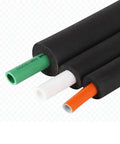 Three Quarter Inch Foam Tubing Insulation For Pipes, Durable Rubber, Six Feet Long, Inner Diameter Three Quarter Inch, Outer Diameter About One Point Five Inches, Minus Forty To One Eighty Degrees, Great For Pipes, Guitars, Utensils, Roof Racks shown insulating various colored pipes.