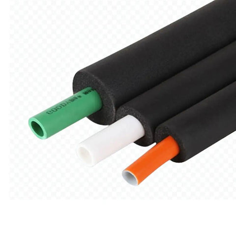 Three Quarter Inch Foam Tubing Insulation For Pipes, Durable Rubber, Six Feet Long, Inner Diameter Three Quarter Inch, Outer Diameter About One Point Five Inches, Minus Forty To One Eighty Degrees, Great For Pipes, Guitars, Utensils, Roof Racks shown insulating various colored pipes.