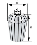 ER25 collet chuck showing D, d, and H measurements, designed for 1mm to 20mm workholding on CNC and manual mills.