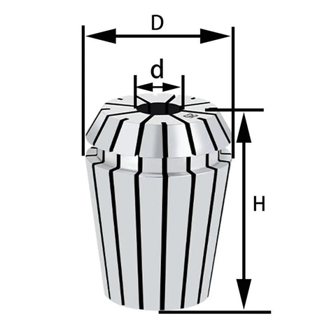 ER25 collet chuck showing D, d, and H measurements, designed for 1mm to 20mm workholding on CNC and manual mills.