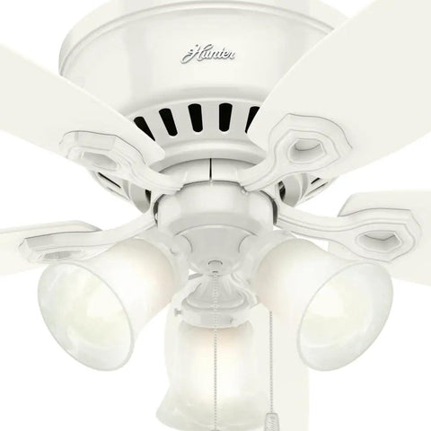 Close-up of 52 Inch Indoor Ceiling Fan With LED Lights And Pull Chain, White Finish, Low Profile Flush Mount, 5 Blades, No Remote