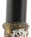 Close-up of Badass Steampunk Swagger Cane Featuring Skeletal Hand Grasping Evil Eye And Heavy Duty Clockwork Gear Decor Staff, showing detailed gear design.