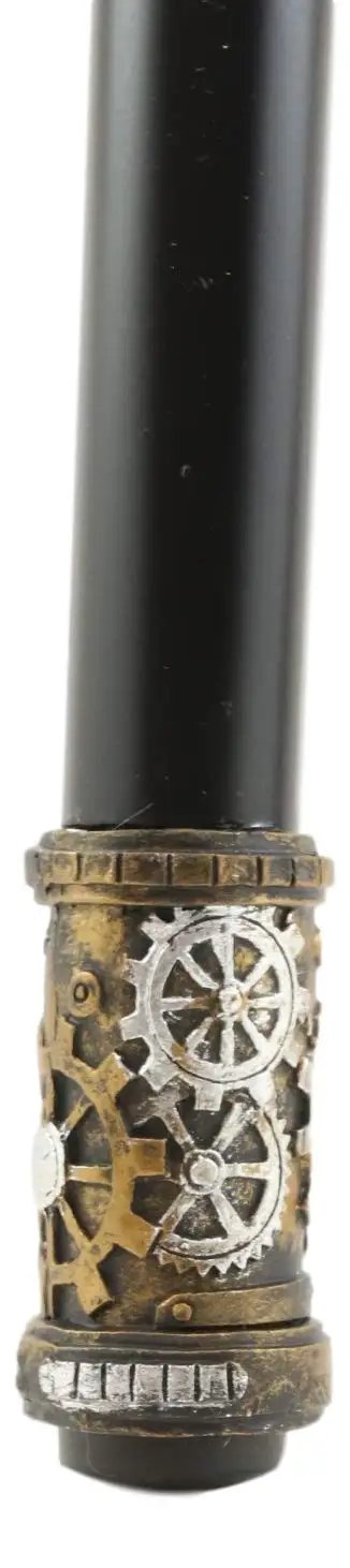 Close-up of Badass Steampunk Swagger Cane Featuring Skeletal Hand Grasping Evil Eye And Heavy Duty Clockwork Gear Decor Staff, showing detailed gear design.