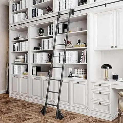 Heavy Duty Sliding Barn Door Hardware Kit in black carbon steel, installed above a white home library with a rolling ladder.