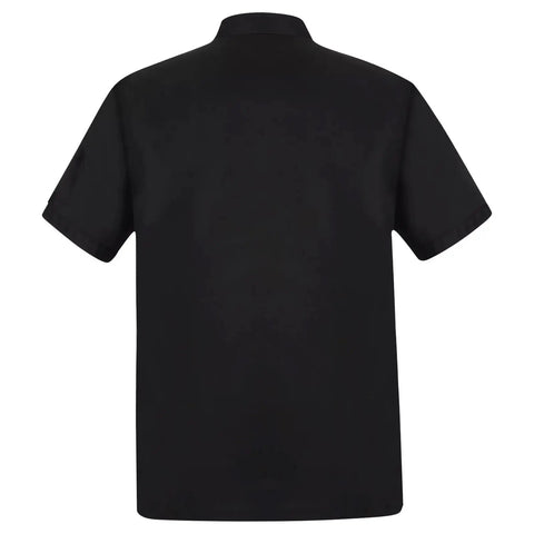 Back view of unisex chef jacket and short sleeve cook shirt built damn tough with sweet breathable fabric.
