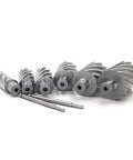 Six annular cutters with Weldon shanks (3/4 in), diameters 1–2 in, 2 in cutting depth, HSS Slugger bits, with two pilot pins