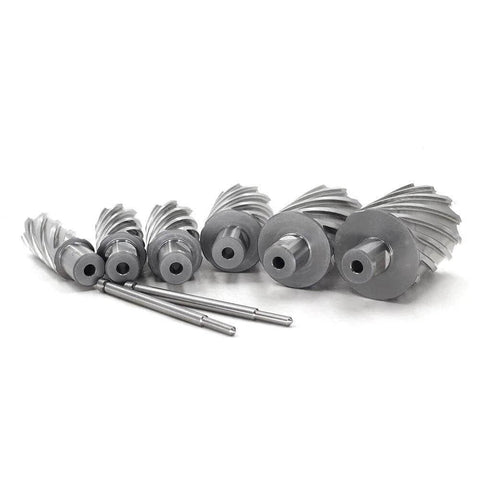 Six annular cutters with Weldon shanks (3/4 in), diameters 1–2 in, 2 in cutting depth, HSS Slugger bits, with two pilot pins