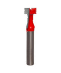 Freud 25/64 Inch Key Hole Router Bit with Perma-Shield Red Coating, side view, for hidden fasteners in hardwood and composite materials