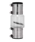 ProCheck quiet sump pump check valve with stainless steel vibration-resistant couplings, 1-1/2 in, clear body