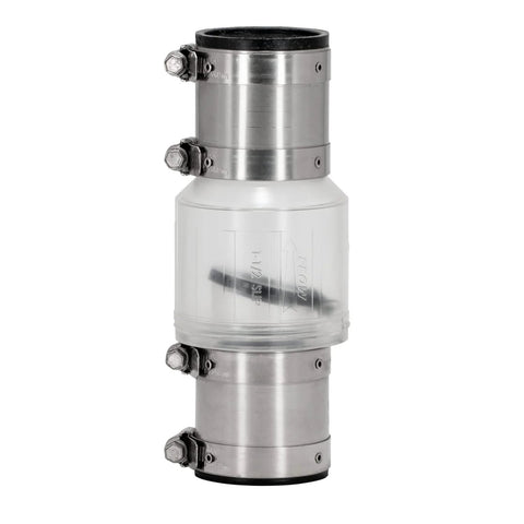 ProCheck quiet sump pump check valve with stainless steel vibration-resistant couplings, 1-1/2 in, clear body