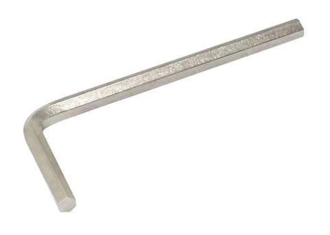 L-shaped stainless steel hex key (Allen wrench) viewed at an angle