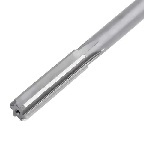 Close-up of a silver HSS reamer cutting tool with fluted end for bore machining.