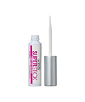 A bottle of 5 Day Extended Wear Strip Lash Adhesive With Brush Applicator, Quick Dry Lash Glue, Clear Formula Infused With Witch Hazel And Cactus Extract, Waterproof And Sweatproof Hold For Lashes, next to its open brush applicator, showing the clear formula in a 4.8 g bottle.