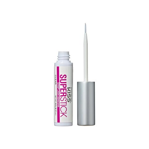A bottle of 5 Day Extended Wear Strip Lash Adhesive With Brush Applicator, Quick Dry Lash Glue, Clear Formula Infused With Witch Hazel And Cactus Extract, Waterproof And Sweatproof Hold For Lashes, next to its open brush applicator, showing the clear formula in a 4.8 g bottle.