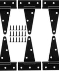 Top Shelf 6 Pack Of 4 Inch T Strap Hinges Straight Up Built Tough Gate Hardware With Included Screws Rock Solid Barn Door And Shed Mounts Rust Proof Black Finish, showing six black hinges and screws.