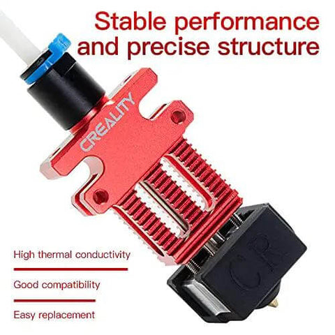 Close-up of Hotend Extruder Full Kit for CR6 SE and MAX 3D Printers with auto leveling, showing red metal structure and heating elements.