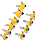 Heavy Duty 50 Piece Router Bit Set With 1/4 Inch Shank And Carbide Blades, includes ten yellow carbide router bits.