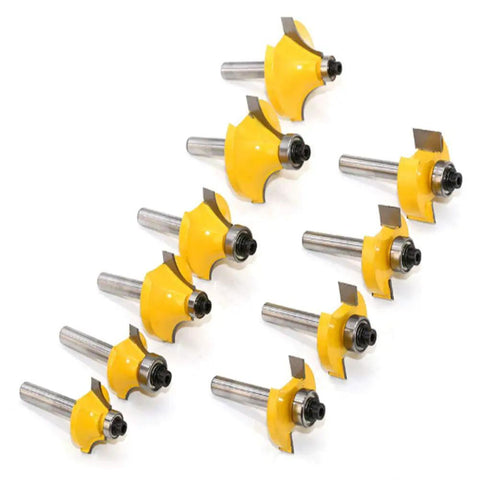 Heavy Duty 50 Piece Router Bit Set With 1/4 Inch Shank And Carbide Blades, includes ten yellow carbide router bits.