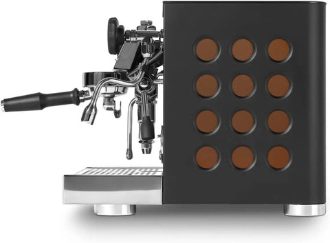 Professional Tca Espresso Machine Featuring Advanced Hybrid Pid Temperature Tuning And Upscale Copper Matte Black Chassis side view showing portafilter and design.