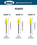 Three yellow points with 3/32 inch shank, Sunburst 3/32 Inch Shank Thermoplastic Rotary Cleaning Deburring And Polishing Points Set.