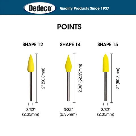 Three yellow points with 3/32 inch shank, Sunburst 3/32 Inch Shank Thermoplastic Rotary Cleaning Deburring And Polishing Points Set.