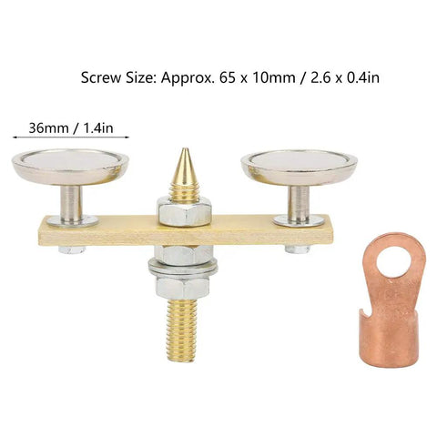 Heavy Duty Welding Magnet Head With Super Strong Suction Power Perfect For Secure Grounding Fixture Setup On Any Angle During Mechanical Maintenance Jobs Featuring Durable Brass Build And Insulation Board Plus 36mm Disk Diameter For Maximum Grip Every, showing a brass and metal magnetic fixture with a 36mm disc.