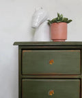 Green cabinet with Vintage Western Horsehead Drawer Pulls Set Of 6 Hand Painted Resin Cabinet Knobs, adorned with decor items.
