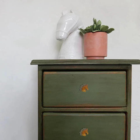 Green cabinet with Vintage Western Horsehead Drawer Pulls Set Of 6 Hand Painted Resin Cabinet Knobs, adorned with decor items.