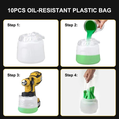 Steps for using oil-resistant plastic bags with Cordless Paint Sprayer With Two 4Ah Batteries, Six Nozzles, Three Spray Patterns.