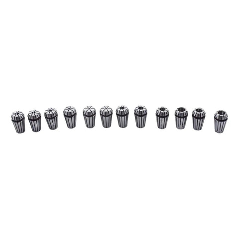 12 Piece ER16 Steel Spring Collet Set For CNC Milling Lathe Tools, 1/32 To 3/8 Inch holding collets laid out in a row