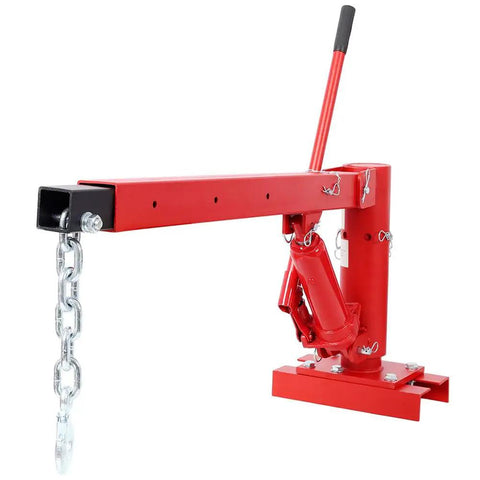 1000 Lb Engine Hoist Cherry Picker Telescopic Boom Swivel Base Manual Hydraulic Heavy Duty Shop Crane side view with chain attached.