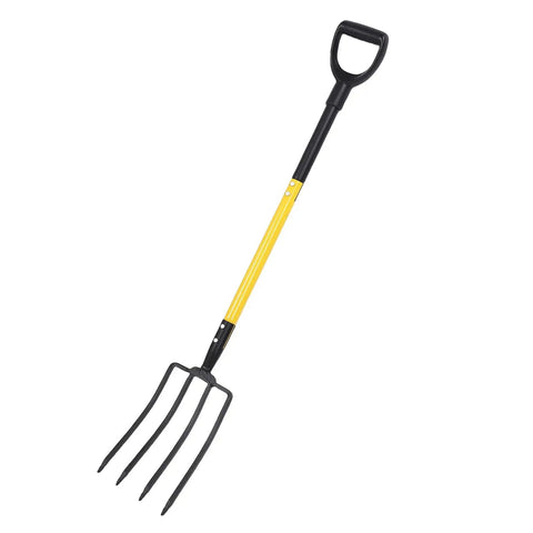 Heavy Duty Garden Spading Fork Workhorse 4 Tines 46 Inch Pitch Fork For Digging Composting Gardening And Transplanting Lift Bulbs Plow Nursery Beds And Turn Soil With Sturdy Y Shaped Handle For Women And Men, image showing black metal 4-tine head and yellow handle with grip