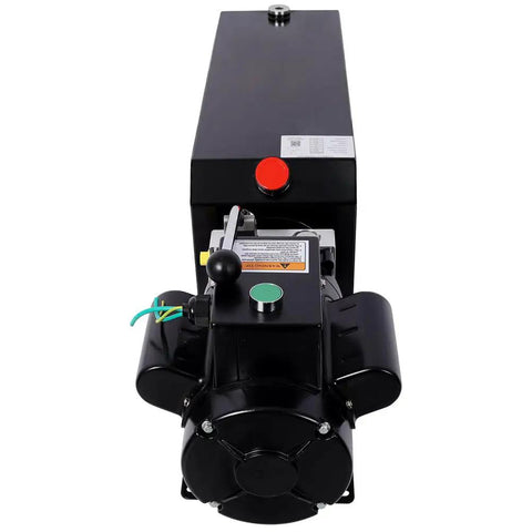Heavy Duty Single Acting Hydraulic Power Unit 16 Quart Steel Reservoir Pump w Safety Relief Valve Sae #6 Connector front view with controls.