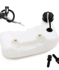 Gas Tank With Cap For 43cc To 55cc Garden Tools And Rides, visible hoses and mounting bolts, 1.5 Liter, white container