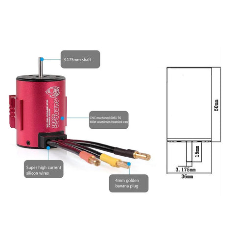 Surpass Hobby 3650 Brushless Motor And ESC Combo 3900KV Motor with red CNC aluminum heatsink and silicon wires for RC cars.