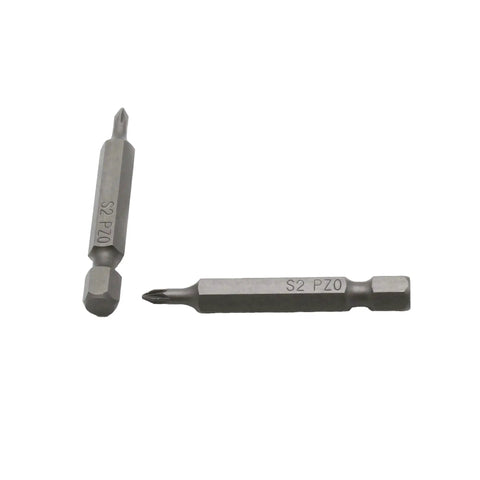 Close-up of 2-inch S2 PZ0 bits from 25 Pc PZ0 Pozi Drive Impact Ready Screwdriver Insert Bits Set 2 Inch Long 1/4 Inch Hex Shank